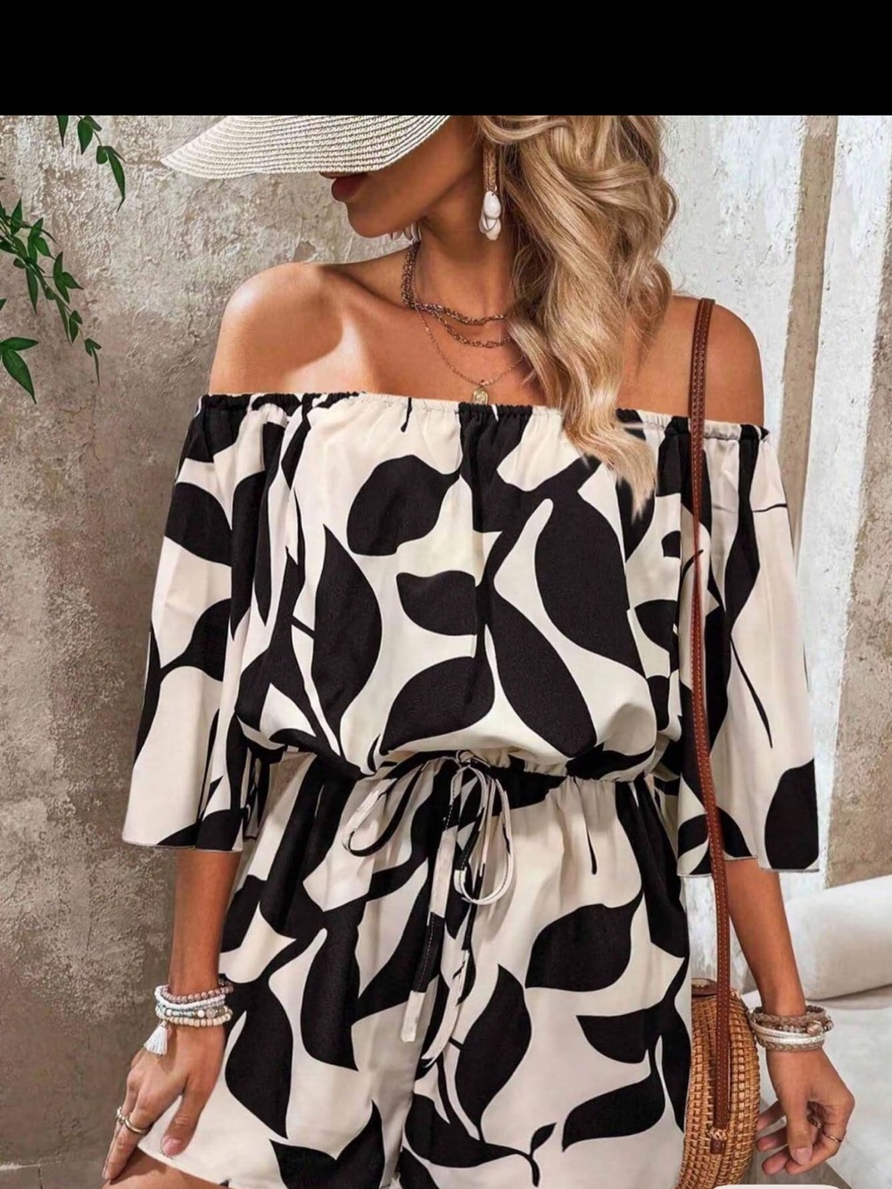 Leaf-Print Off The Shoulder Romper